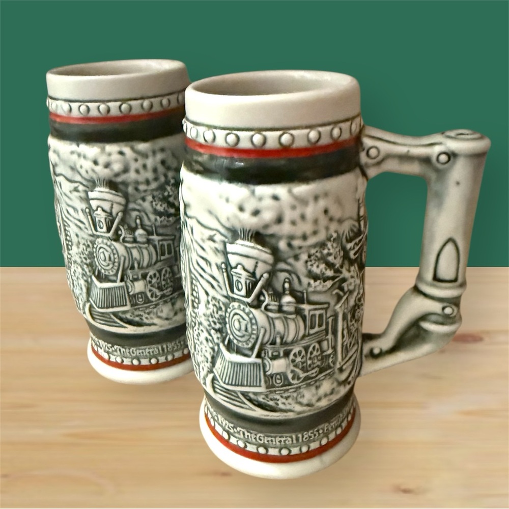 Vintage Train Themed Ceramic Beer Steins - Black and White